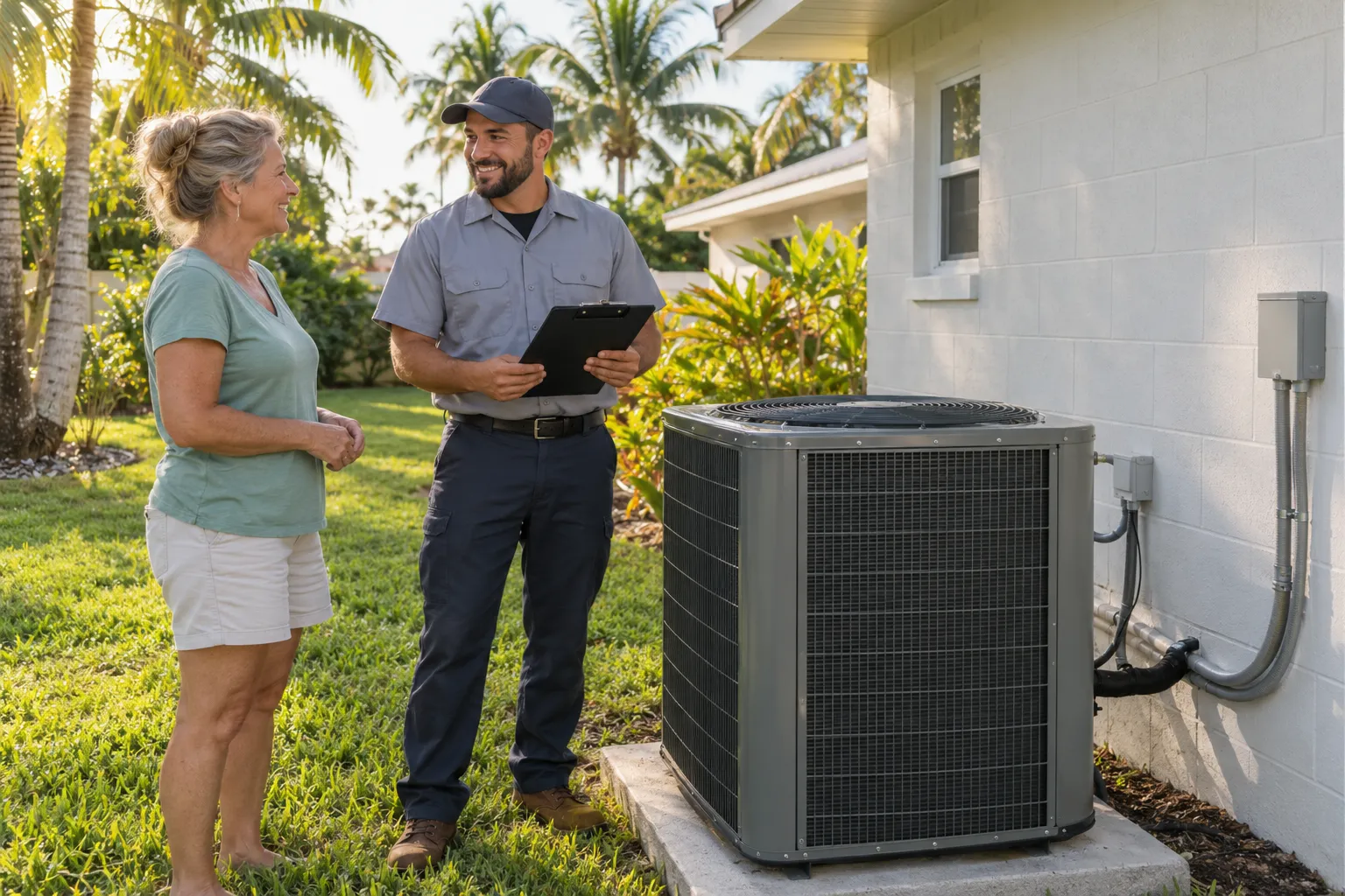 A friendly provider showing a homeowner a new outdoor AC unit beside a concrete block home in Orlando