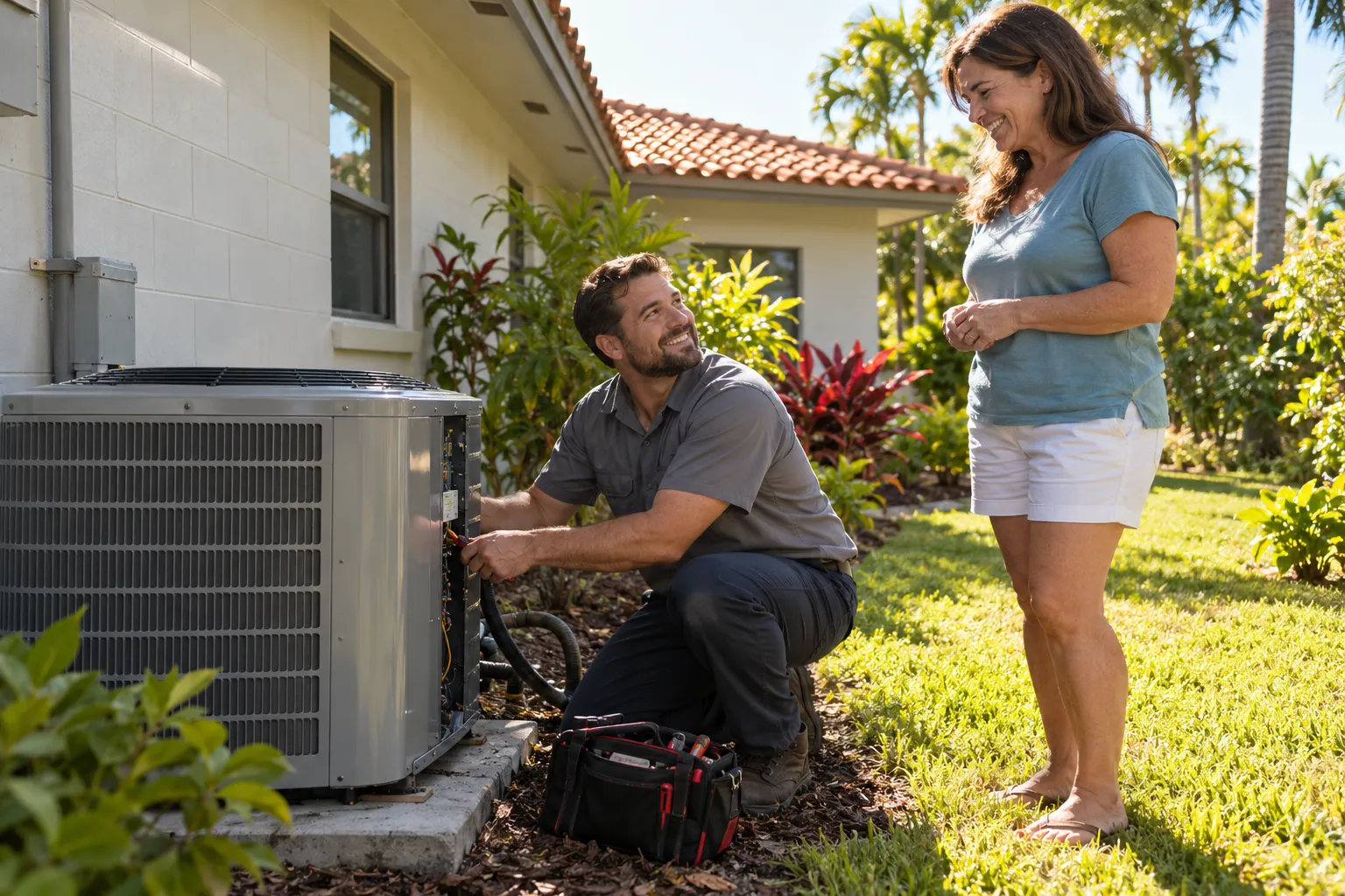 A friendly provider checking the outdoor AC unit of a Orlando home while a homeowner looks on